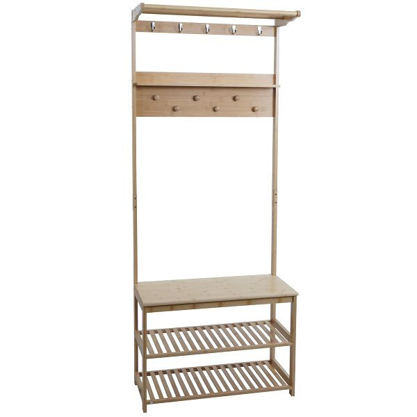 Mendler Bambus Standgarderobe HWC-N82, Garderobenständer Schuhregal Sitzbank Schuhbank, Kleiderhaken FSC® 170x70x31cm, 109590