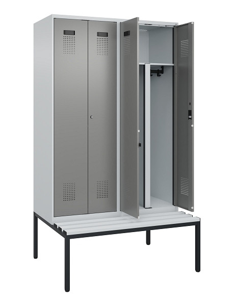 C+P PSA Doppel-Spind Evolo PLUS, Bank, 4 Abteile, 2120x1200x815mm, 7035/0004, Zylinderschloss, Sitzfläche Kunststoff, Sitzbank, 0490527-40P S10095