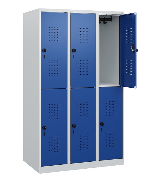 C+P Doppelstöckiger Spind Evolo PLUS, 6 Fächer, 1530x900x500mm, 7035/5010, Drehriegel, 0493005-30 S10006