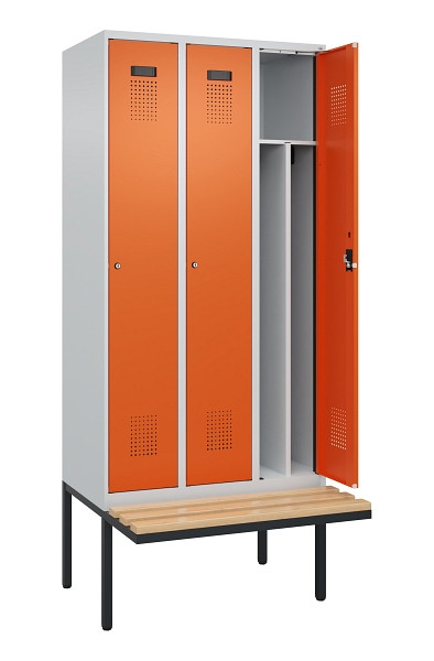 C+P Spind Evolo PLUS, 3 Abteile, 2120x900x815mm, 7035/2004, Haken 4, Zylinderschloss, Sitzfläche Holz, 0490407-30F S10029