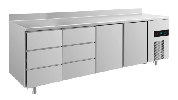 A&S Polarny Kühltisch -2 bis +8°C mit 2x Türen und 2x drei Schubladen links, 2330 x 700 x 850 mm, mit Aufkantung, KT4DDTTA