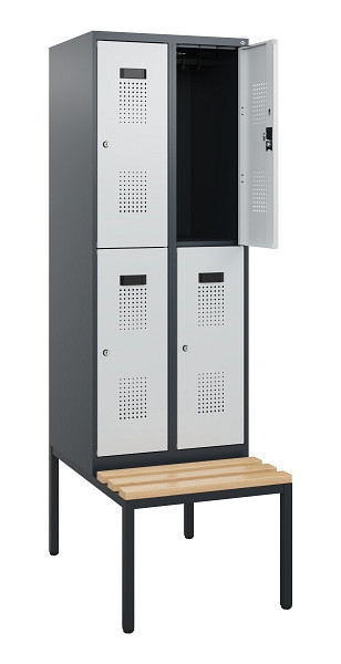 C+P Doppelstöckiger Spind Evolo PLUS, Bank, 4 Fächer, 1950x600x815mm, 7016/7035, Zylinderschloss, Sitzfläche Buche-Hartholz, Sitzbank, 0493505-20 S10044