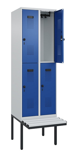 C+P Doppelstock-Spind Evolo PLUS, Bank, 4 Fächer, 2120x600x815mm, 7035/5010, Drehriegel, Sitzfläche Kunststoff, 0493407-20 S10087