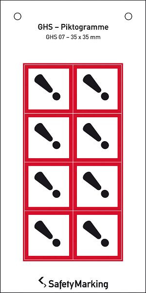 SafetyMarking GHS-Gefahrenpiktogramm, Symbol 07: Ausrufezeichen, BxH 3,5x3,5 cm, Folie, selbstklebend, VE: 8 Stück/Bogen, 30.3552-07
