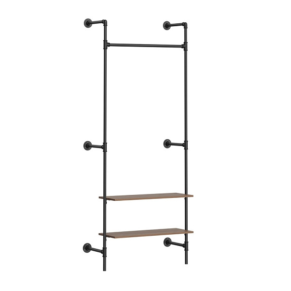 SoBuy Wandgarderobe in Schwarz, Wandregal mit 2 festen Böden, Kleiderständer aus Metall und Holz, 92×48×220 cm, Tragkraft 45 kg, KLS20-SCH