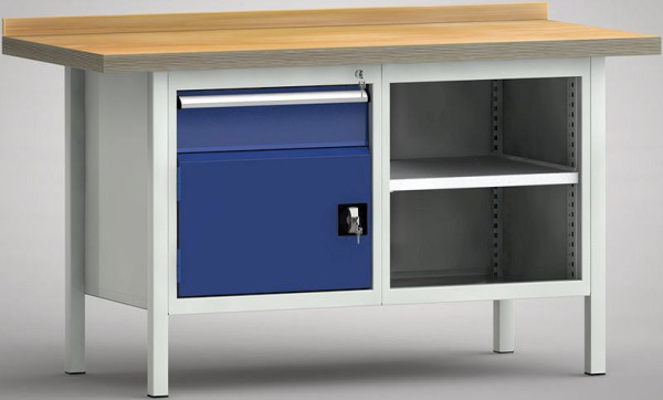 KLW Profi-Werkbank - 1500 x 700 x 905 mm L x T x H (ERGO-Version), links 150EA/Türe 350 mm, rechts offenes Gehäuse, WP177E-1500M45-E7051