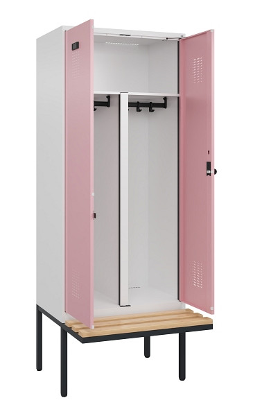 C+P PSA Doppel-Spind Evolo PLUS, Bank, 2 Abteile, 2120x800x815mm, 9016/3015, Drehriegel, Sitzfläche Holz, 0490427-22P S10018