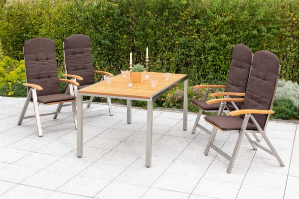 Merxx Keros Set 9-teilig, 4 Klappsessel, Rückenlehne 5-fach verstellbar, 4 Auflagen, braun, 1 Tisch, 150 x 90 cm, Edelstahl mit FSC Akazienholz, 50241-602
