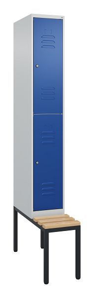 C+P Doppelstöckiger Spind Classic PLUS, 2120x300x815mm, 7035/5010, Zylinderschlösser, Sitzleisten aus Buche, mit untergebauter Sitzbank, 0803507-10 S10093