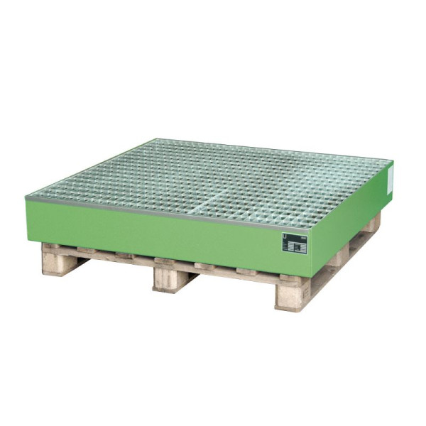 STEIN HGS Auffangwanne Serie 2000, 216 Liter, RAL 6011 resedagrün, Gesamthöhe 185 mm, lackiert, 4 x 200 Liter Fass, Gitterrost, 79194.0046