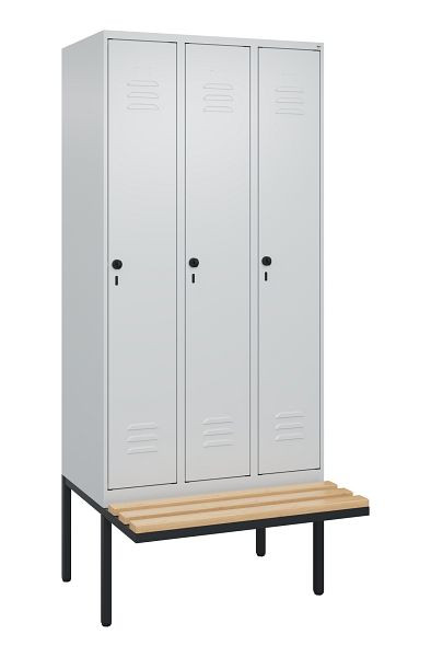C+P Umkleidespind Classic PLUS, 3 Abteile, 2120x900x815mm, 7035/7035, Drehriegel, Buche-Sitzleisten, je 2 Doppel-Haken, 0800407-30F S10009