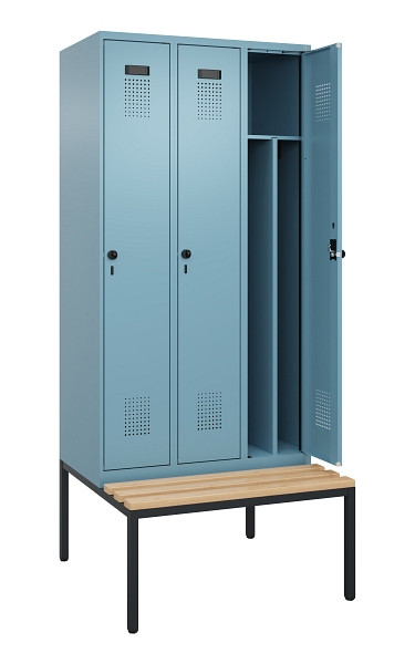 C+P Spind Evolo PLUS, 3 Abteile, 2120x900x815mm, 0010/0010, Haken 4, Drehriegel, Sitzfläche Buche-Hartholz, Sitzbank, 0490507-30F S10021