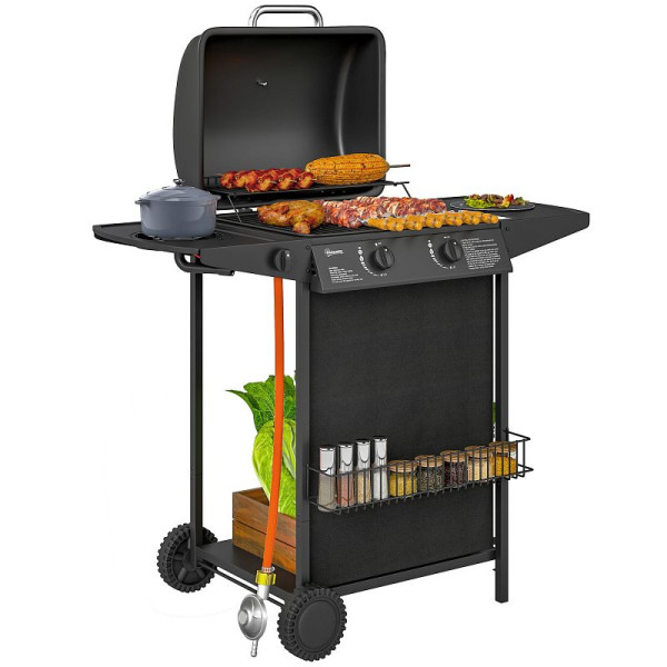 Outsunny Gasgrill 7 kW Grillwagen inkl. 3 Brenner Seitenkocher Rolle Deckel 107 x 54 x 96 cm Schwarz, 846-168V90BK