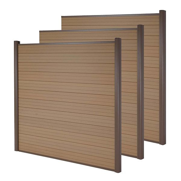 Mendler WPC-Sichtschutz Sarthe, Windschutz Zaun, Alu-Pfosten, 3er Set, 5,6m teak, 82737