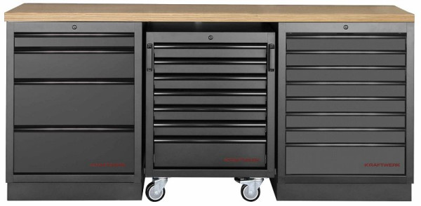 Kraftwerk MOBILIO BLACK EDITION 3er Unterschrank-Kombi, 12 Schubladen, Unterschrankrollwagen, Arbeitsplatte Buche Multiplex, 3964K-BLK-002