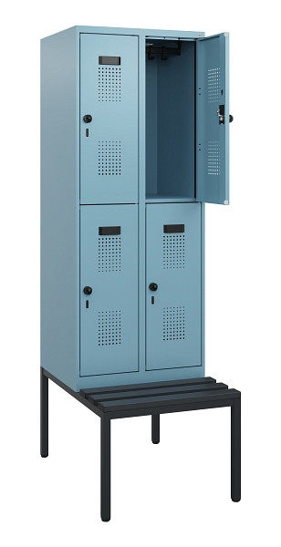 C+P Doppelstöckiger Spind Evolo PLUS, Bank, 4 Fächer, 1950x600x815mm, 0010/0010, Drehriegel, Sitzfläche Kunststoff, Sitzbank, 0493505-20 S10123