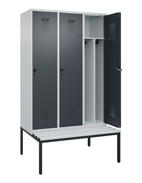 C+P Spind Evolo PLUS, 3 Abteile, 2120x1200x815mm, 7035/7016, Haken 4, Drehriegel, Sitzfläche Kunststoff, Sitzbank, Trennwand, 0490507-32F S10066