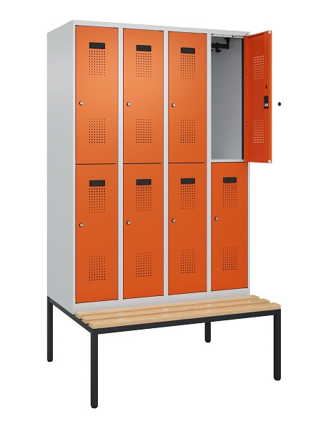 C+P Doppelstock-Spind Evolo PLUS, Bank, 8 Fächer, 2120x1200x815mm, 7035/2004, Zylinderschloss, Sitzfläche Buche-Hartholz, Sitzbank, 0493507-40 S10029
