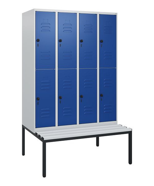 C+P Doppelstöckiger Spind Classic PLUS, 4 Abteile, 1950x1200x815mm, 7035/5010, Drehriegel, mit untergebauter Sitzbank, 0803505-40 S10063