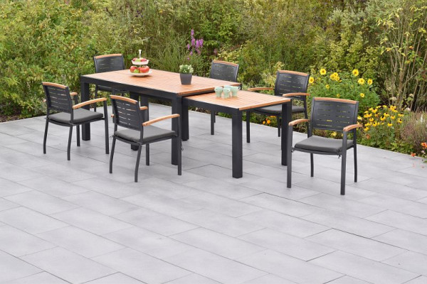 Merxx Tinos Set 13-teilig, 6 Tinos Stapelsessel, 6 Kissen, grau, mit Befestigungsbändchen, 1 Flex Ausziehtisch 180/180 x 100/83 x 80/74 cm, 50817-800