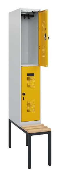 C+P Doppelstöckiger Spind Evolo PLUS, Bank, 2 Fächer, 1950x300x815mm, 7035/1004, Drehriegel, Sitzfläche Buche-Hartholz, Sitzbank, 0493505-10 S10000