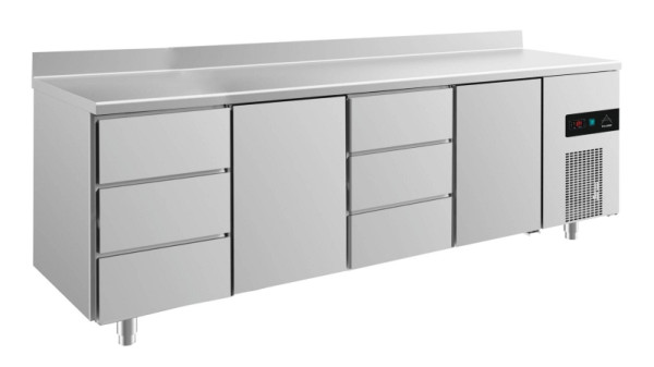 A&S Polarny Kühltisch -2 bis +8°C mit 2x Türen und 2x drei Schubladen mittig-rechts+links, 2330 x 700 x 850 mm, mit Aufkantung, KT4DTDTA