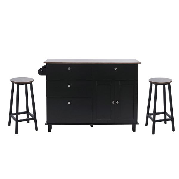 Mendler Kücheninsel HWC-P62 mit 2 Sitzhockern, Küchenschrank Schublade Staufächer MDF 90x131x47cm, schwarz, dunkles Holz, 130697+130698