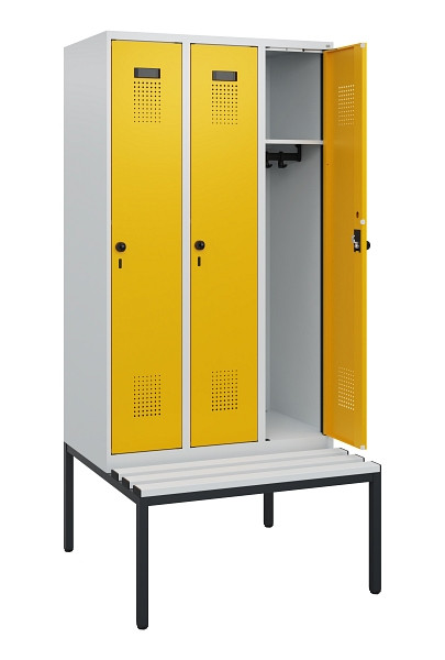 C+P Spind Evolo PLUS, 3 Abteile, 1950x900x815mm, 7035/1004, Drehriegel, Sitzfläche Kunststoff, Sitzbank, 0490505-30 S10054
