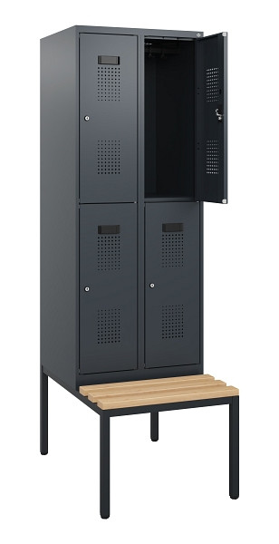 C+P Doppelstöckiger Spind Evolo PLUS, Bank, 4 Fächer, 1950x600x815mm, 7016/7016, Zylinderschloss, Sitzfläche Buche-Hartholz, Sitzbank, 0493505-20 S10043