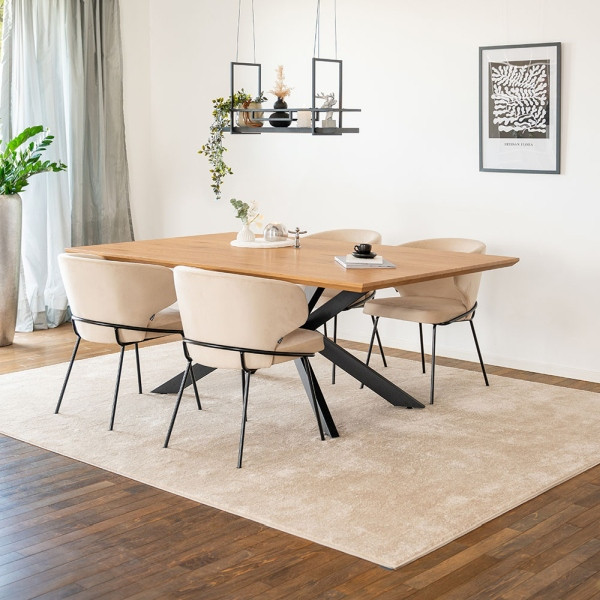 HOME DELUXE Essgruppe Eckig AVENCIA inklusive Sternfuß 200x120 cm Light Oak 4 Stühle AMARA Samt Beige, 59162