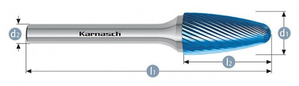 Karnasch Hartmetall-Frässtift Blue-Tec beschichtet RBF/ HP-5 d1=3 / l2=8 / d2=3 / l1=38mm, VE: 4 Stück, 115053010