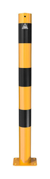 Schake Absperrpfosten Stahlrohr Ø 76 x 2,6 mm gelb / schwarz, ortsfest, für Dübel Befestigung mit Bodenplatte 100 x 150 mm, ohne Öse, 476PBG