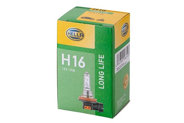HELLA Halogen-Glühlampe, H16, Long Life up to 3x longer lifetime, 12V, 19W, Sockelausführung Glühlampe: PGJ19-3, Schachtel, 8GH 186 996-001