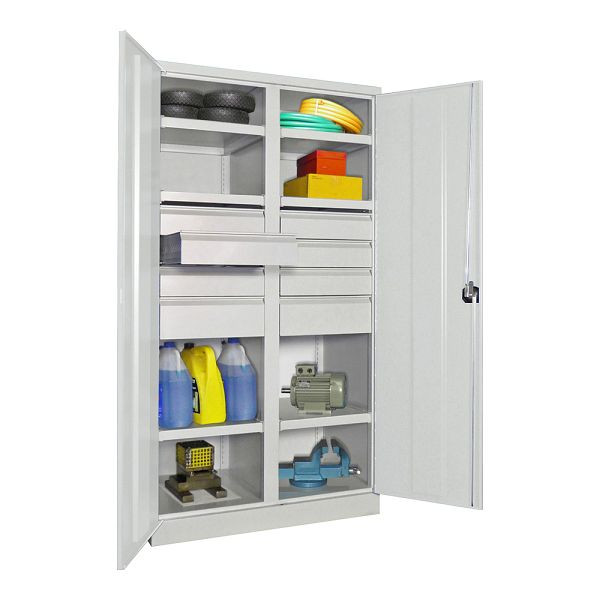 Pavoy Schwerlastschrank 1950/1040/630, Trennwand, 6 gepulverte Fachböden, 8 Schubladen, Flügeltüren, Drehgriff mit Zylinderschloss, 36366-104-004-905204
