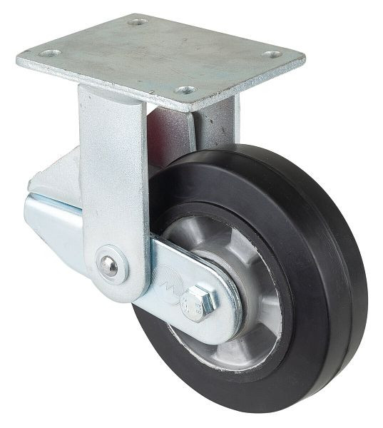 BS Rollen Gefederte Schwerlastrolle, Bockrolle, Breite 50 mm, Ø160 mm, bis 300 kg, Elastik-Reifen schwarz, Radkörper Aluminium, Kugellager, T110.B80.160