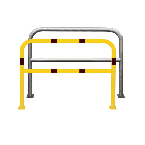 Stein HGS Anlehnbügel/Absperrbügel -Sylt-, 2000mm, gelb beschichtet mit schwarzen Streifen, mit Querholm, Bügel: Ø 48 mm, 21956b-gsw
