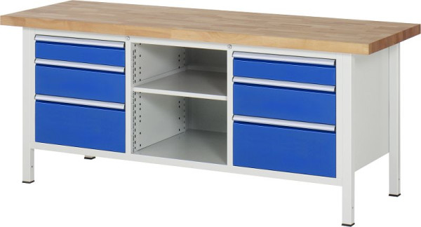 RAU Werkbank Serie 8000 - Gestell-Bauweise (Schweißgestell), Dreifach-Unterbau-Container (6x Schublade, Fachboden), 2000x840x700 mm, 03-8564A2-207B4S.11