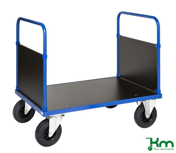 Kongamek Plattformwagen, Stirnwand quer, 2 Bock- und 2 Lenkrollen aus Vollgummi mit Bremsen, 1000 x 700 x 900 mm, Serie 300, KM333-2B