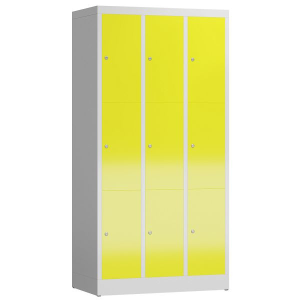 Lüllmann ClassiX Schließfachschrank, 3 Abteile à 3 Fächer, 1800 x 870 x 500 mm, lichtgrau/zinkgelb, X-520336