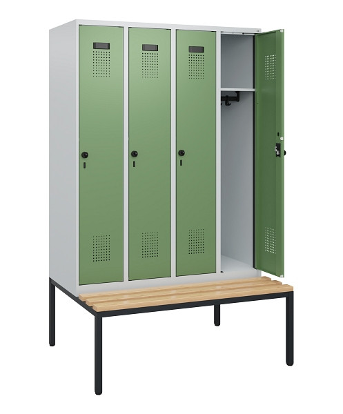 C+P Spind Evolo PLUS, 4 Abteile, 1950x1200x815mm, 7035/6011, Drehriegel, Sitzfläche Buche-Hartholz, Sitzbank, 0490505-40 S10010