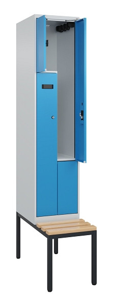 C+P Z-Spind Evolo PLUS, Bank, 2 Fächer, 2120x400x815mm, 7035/5012, Zylinderschloss, Sitzfläche Buche-Hartholz, Sitzbank, 0490537-122 S10039