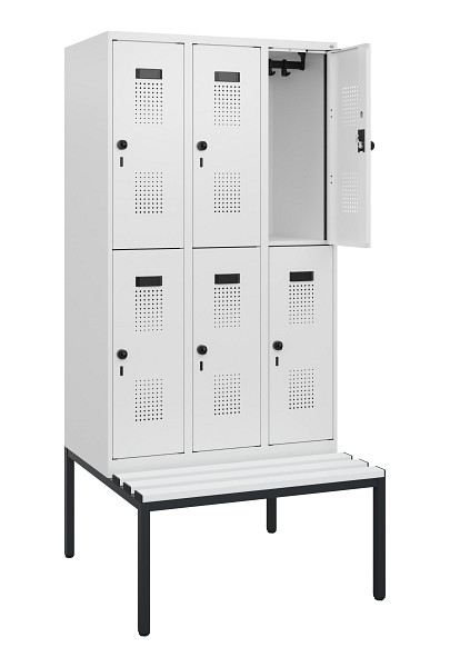 C+P Doppelstöckiger Spind Evolo PLUS, Bank, 6 Fächer, 1950x900x815mm, 9016/9016, Drehriegel, Sitzfläche Kunststoff, Sitzbank, 0493505-30 S10121