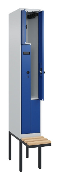 C+P Z-Spind Evolo PLUS, Bank, 2 Fächer, 2120x300x815mm, 7035/5010, Drehriegel, Sitzfläche Holz, 0490437-102 S10014