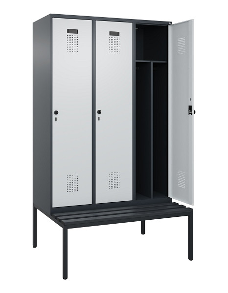 C+P Spind Evolo PLUS, 3 Abteile, 2120x1200x815mm, 7016/7035, Haken 4, Drehriegel, Sitzfläche Kunststoff, Sitzbank, Trennwand, 0490507-32F S10071