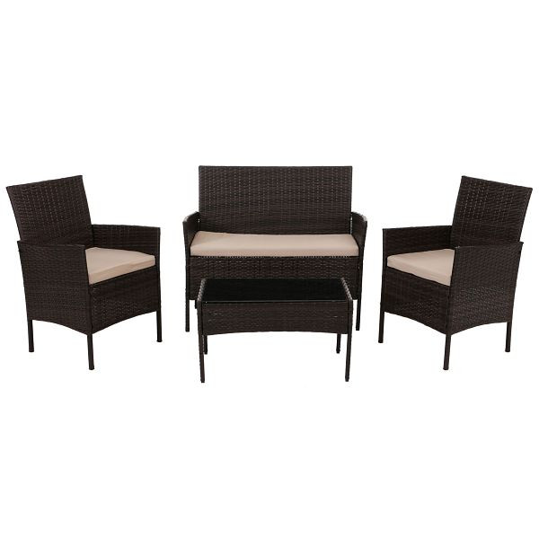 Mendler Poly-Rattan Garten-Garnitur HWC-N98, Sitzgruppe Lounge-Set, Metall Glas Stoff/Textil (180g/m²), braun, Kissen creme, 159071