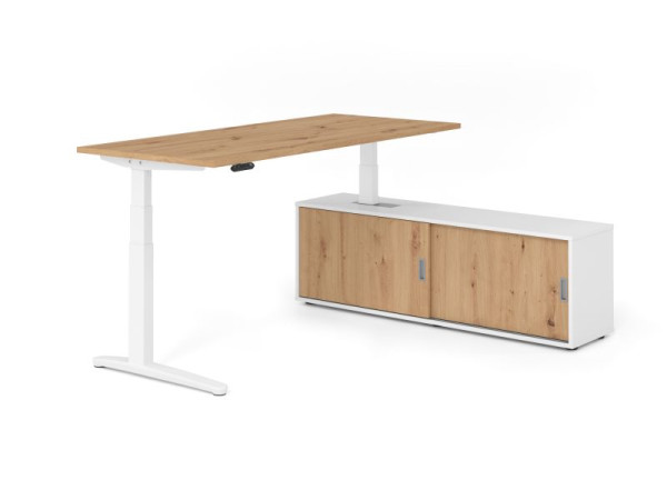 Hammerbacher Schreibtisch XBHM19, 180x80cm, Platte: Asteiche, 25mm dick, C-Fuß Gestell Weiß, Höhe: 65 - 129 cm, Ahorn, VXBHM19SB/R/W/W/R