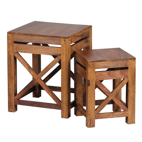 Wohnling 2er Set Beistelltisch PALI Massivholz Sheesham, Design dunkelbraun Landhaus-Stil, WL1.561