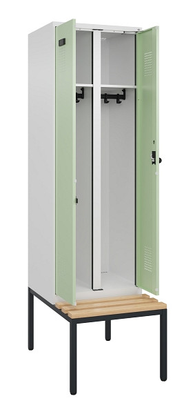 C+P Schwarz-Weiß-Spind Evolo PLUS, Bank, 2 Abteile, 2120x600x815mm, 9016/6019, Drehriegel, Sitzfläche Buche-Hartholz, Sitzbank, 0490527-20 S10019