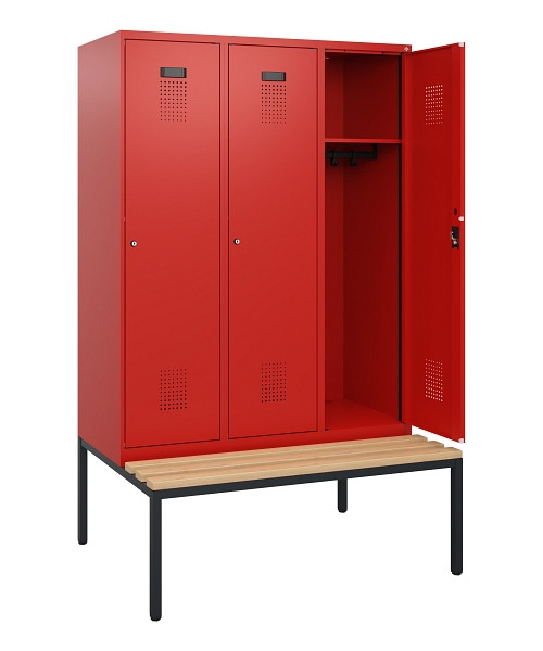 C+P Spind Evolo PLUS, 3 Abteile, 1950x1200x815mm, 3020/3020, Zylinderschloss, Sitzfläche Buche-Hartholz, Sitzbank, 0490505-32 S10052