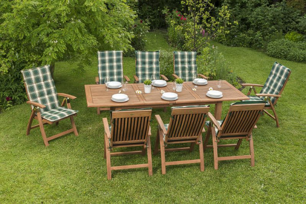 Merxx Comodoro Set 17-teilig, 8 Comodoro Klappsessel, 8 Wendekissen grün kariert/uni, 1 Doppelausziehtisch, 180 (220/260) x 100 cm, 50006-100